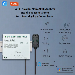 Tuya Wifi Role 4 Kanal Kuru Kontak Sıcaklık Nem Sensörlü RF433MHZ Kumandalı